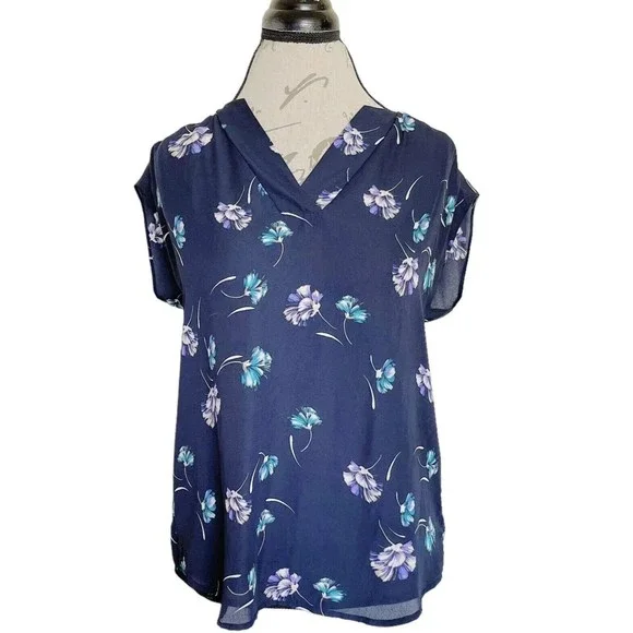 Banana Republic Womens Blouse Size XS Floral Artsy V Neckline Blue Office Wear - Picture 5 of 11